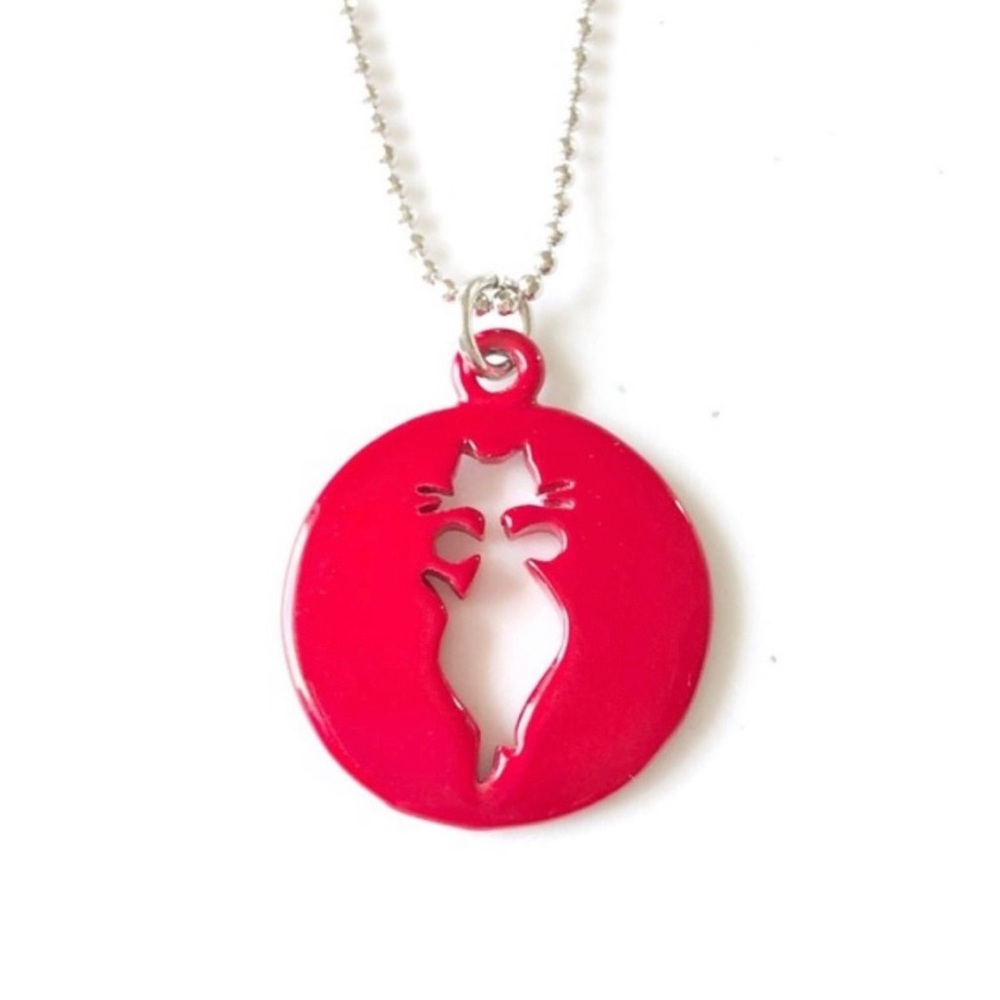 Vintage Red Kitty Cat Cut Out Coated Metal Necklace/Pendant w/ Silvertone Chain